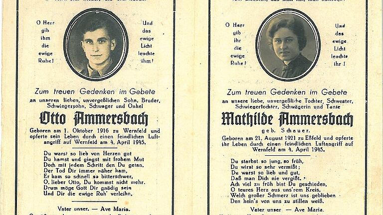 Unter den 32 Toten des Luftangriffs auf Wernfeld am 4. April war auch das Ehepaar Ammersbach. Der 28-Jährige hatte Fronturlaub erhalten, da seine hochschwangere Frau in wenigen Tagen niederkommen sollte. Unter den 32 Toten des Luftangriffs auf Wernfeld am 4. April war auch das Ehepaar Ammersbach. Der 28-Jährige hatte Fronturlaub erhalten, da seine hochschwangere Frau in wenigen Tagen niederkommen sollte.