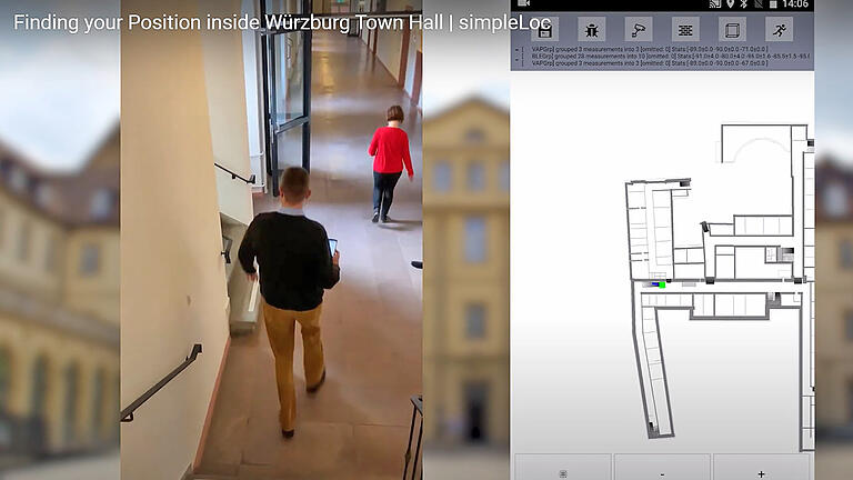 Klaus Walther erkundet mit der Navigationssoftware simpleLoc Wege im verwinkelten Würzburger Rathaus. Rechts ist das Areal zu sehen, durch das sich der Mitarbeiter bewegt.