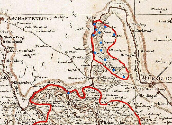 Karte von Johann Gottfried Tulla: „Charte des Großherzogtums Baden 1814“ aus dem Landesarchiv Baden-Württemberg (farbig bearbeitet) Sie zeigt den nördlichen Teil des Großherzogtums und als Exklave das badische Amt Steinfeld mit den elf Dörfern und dem Kloster Mariabuchen. Das Amt Steinfeld war ganz vom Königreich Bayern eingeschlossen.