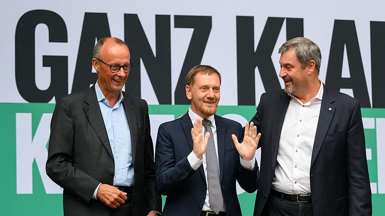 Wahlkampf-Veranstaltung der sächsischen CDU       -  CDU-Chef Merz und CSU-Chef Söder unterstützen Sachsen Ministerpräsident Kretschmer im Wahlkampf.