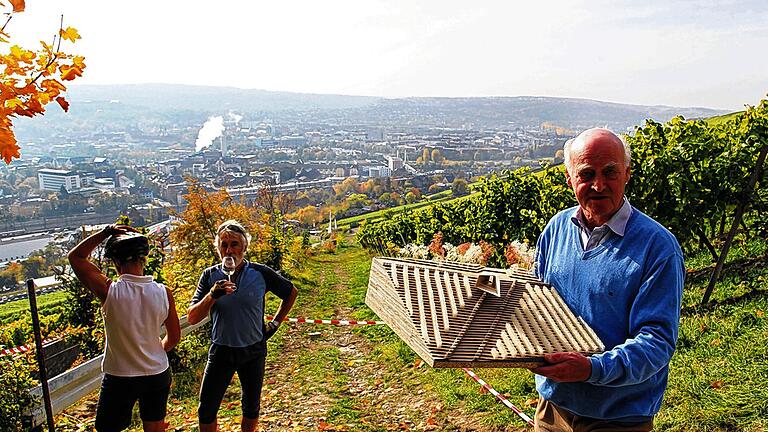 Ortstermin am Stein: Rolf Richter, Ehrenvorsitzender des Vereins Stein-Wein-Pfad, zeigt das Modell der Aussichtsplattform. Mit der Trassierung sind erstmals die Abmessungen des geplanten Bauwerkes im Weinberg zu erkennen.