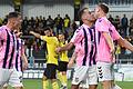 Grund zum Jubeln hat der TSV Aubstadt aktuell regelmäßig.&nbsp; Das zwischenzeitliche 1:0 bei der SpVgg Bayreuth feiern die Vorlagengeber Martin Thomann (von links) und Marcel Volkmuth zusammen mit Torschütze Marco Nickel.