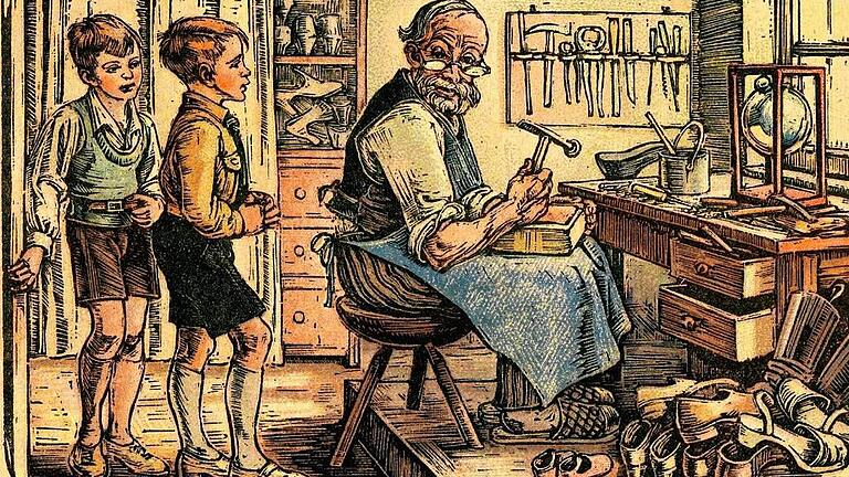 „Beim Schuster“ – Illustration aus der Fibel der Mark Brandenburg, 1943. „Beim Schuster“ – Illustration aus der Fibel der Mark Brandenburg, 1943.