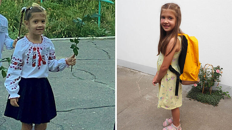 Links ist Miroslava Vykhrystiuk bei ihrer Einschulung in der Ukraine zu sehen, im rechten Bild zeigt die Sechsjährige ihren Schulranzen für die Einschulung in Deutschland. Links ist Miroslava Vykhrystiuk bei ihrer Einschulung in der Ukraine zu sehen, im rechten Bild zeigt die Sechsjährige ihren Schulranzen für die Einschulung in Deutschland.