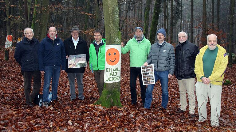 Einen Fällstopp für dicke Bäume fordern die versammelten Umweltschutzverbände im ehemaligen Waldschutzgebiet 'Hoher Buchener Wald', nachdem dort jetzt die Forstwirtschaft wieder aufgenommen wurde. Das Bild zeigt die Vertreter von Bund Naturschutz, Landesbund für Vogelschutz, Greenpeace Bayern, der Gregor Louisoder Umweltstiftung, der Naturforschenden Gesellschaft Bamberg und des Vereins Nationalpark Steigerwald.