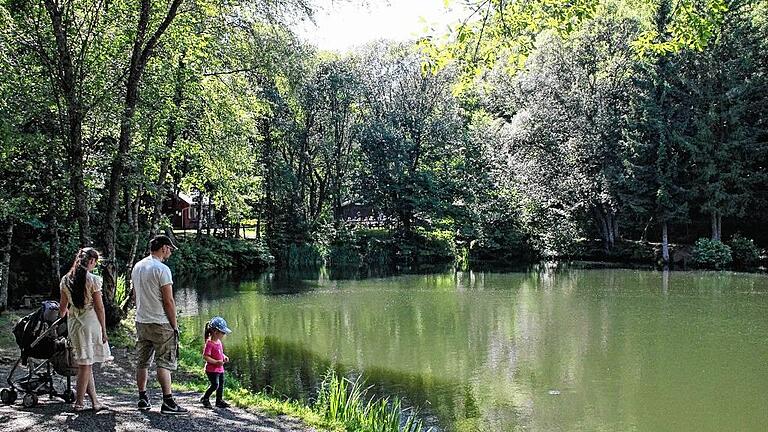 Nicht nur Familien genießen die Atmosphäre am Basaltsee &bdquo;Steinernes Haus&ldquo; inmitten der Rhön.