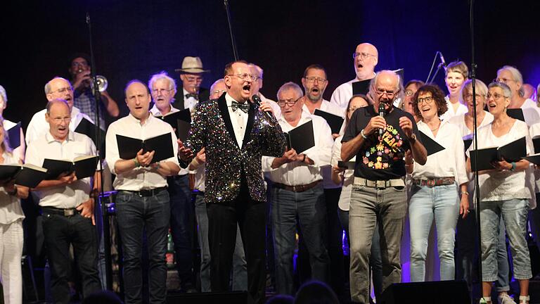 Finale des Volkacher Kabarett Sommers: Beim Abend mit Volker Heißmann and Friends stimmen alle auf der Bühne mit ein. Finale des Volkacher Kabarett Sommers: Beim Abend mit Volker Heißmann and Friends stimmen alle auf der Bühne mit ein.