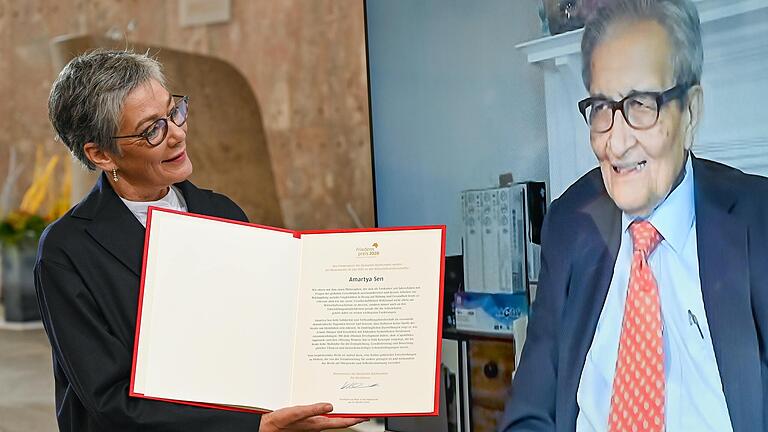 Den Friedenspreis des Deutschen Buchhandels 2020 konnte der Wirtschaftswissenschaftler Amartya Sen coronabedingt nur online entgegennehmen. Den Friedenspreis des Deutschen Buchhandels 2020 konnte der Wirtschaftswissenschaftler Amartya Sen coronabedingt nur online entgegennehmen.