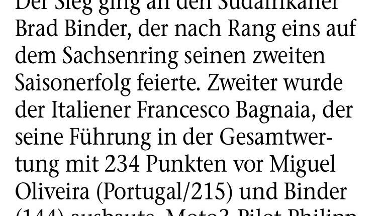 Motorrad Meldung in der Zeitung       -  Diese Meldung musste spät am Abend gekürzt werden, um den Weltmeistertitel von Simone Blum in der Zeitung unterzubringen.