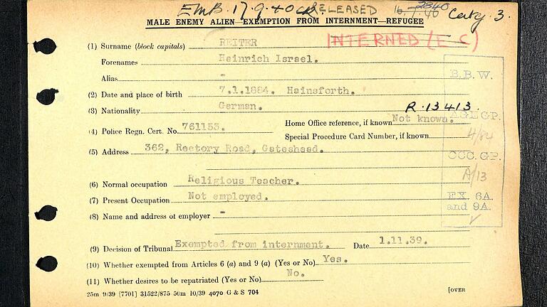 Die Registrierungskarte, die bei Heinrich Reiters Einreise nach England am 1. November 1939 ausgestellt wurde. Die Registrierungskarte, die bei Heinrich Reiters Einreise nach England am 1. November 1939 ausgestellt wurde.