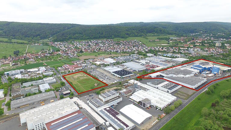 Die Stadt Lohr will die letzte freie Gewerbefläche im Industriegebiet Süd (roter Rahmen links) an den Lohrer Glasofenbauer Sorg vergeben. Der Lohrer Glashersteller Gerresheimer (roter Rahmen rechts) ist über diese Entscheidung verärgert.