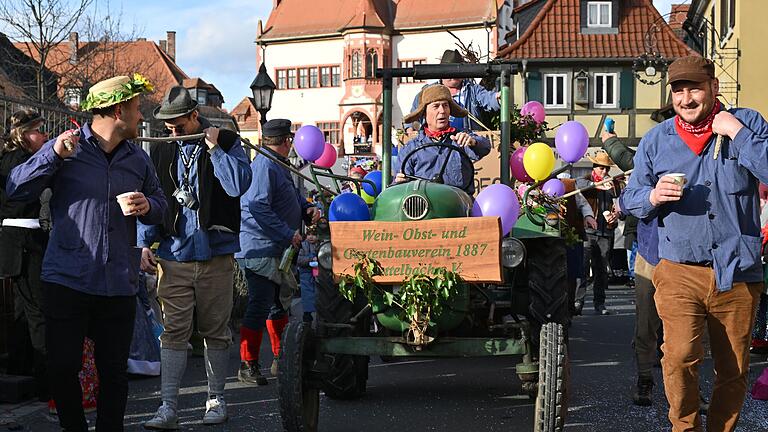 Faschingszug Dettelbach       -  Zahlreiche Besucherinnen und Besucher verfolgen am Dienstag (13.02.24) den großen Faschingszug in Dettelbach. Viele bunte Wägen und liebevoll kostümierte Närrinnen und Narren bevölkern beim zentralen Umzug im Landkreis Kitzingen den kleinen Ort am Main.