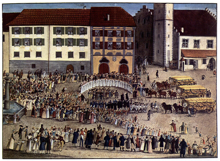 Einzug der ersten Erntewagen nach der großen Hungersnot von 1816–1817 am 4. August 1817 auf dem 'Platz' in Ravensburg. Einzug der ersten Erntewagen nach der großen Hungersnot von 1816–1817 am 4. August 1817 auf dem 'Platz' in Ravensburg.