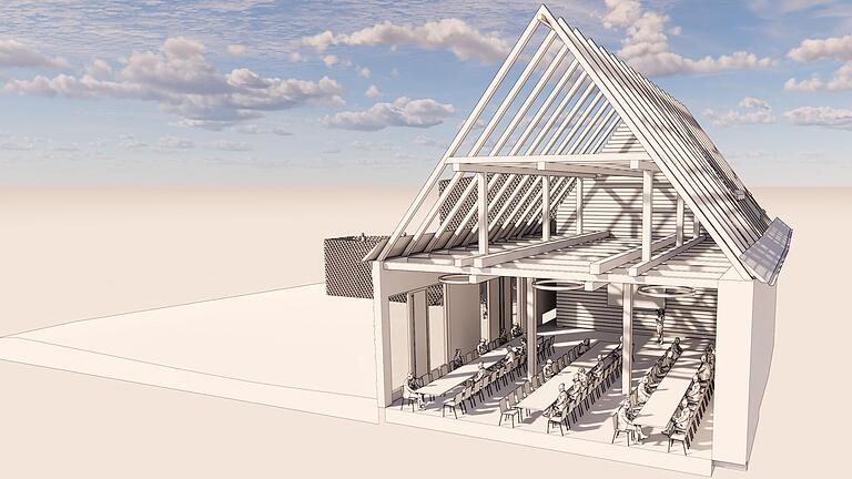 Blick in den Innenraum der Markthalle nach den Plänen des Büros Wukowojac Architekten: Der Dachstuhl soll offen und der Scheunencharakter erhalten bleiben. Und natürlich wird die Markthalle nicht weiß gestrichen, sondern behält ihr ursprüngliches Bild, versichert Bürgermeister Steffen Malzer.