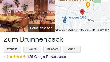 Google-Informationen zum Restaurant 'Brunnenbäck' in Reichenberg.