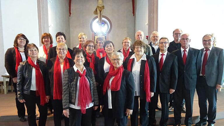 Gut gelaunt aufgrund der im Festgottesdienst gelungenen Darbietungen versammelte sich der Chor nach dem Jubiläumsgottesdienst zu einem Erinnerungsfoto.