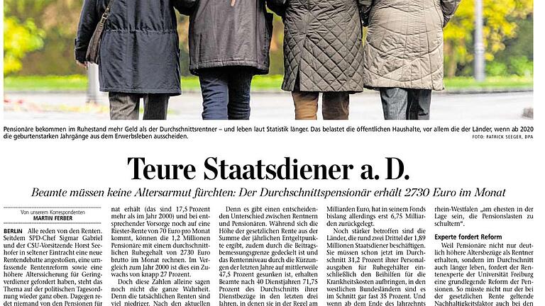 Teure Staatsdiener 17.5.16       -  Der Beitrag zu Pensionen der Beamten, zu ihrer Finanzierung und der Vergleich mit Renten war am 17.5. in der Main-Post auf Seite 4 zu lesen. Das heißt, hier wurde deutlich, was Rente ist und was Pension.