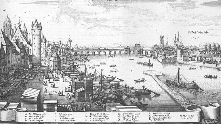 Ansicht von Frankfurt von Matthäus Merian, 1646. Im Vordergrund bei St. Leonhard und am „Fahrport“ außerhalb der Stadtmauer der Weinmarkt, der bedeutende Umschlagplatz für fränkischen Wein. Ansicht von Frankfurt von Matthäus Merian, 1646. Im Vordergrund bei St. Leonhard und am „Fahrport“ außerhalb der Stadtmauer der Weinmarkt, der bedeutende Umschlagplatz für fränkischen Wein.