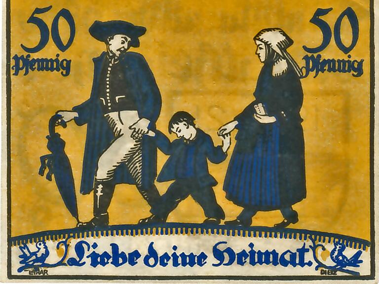 Das Notgeld in Marktheidenfeld zeigt eine Bauernfamilie in Tracht.