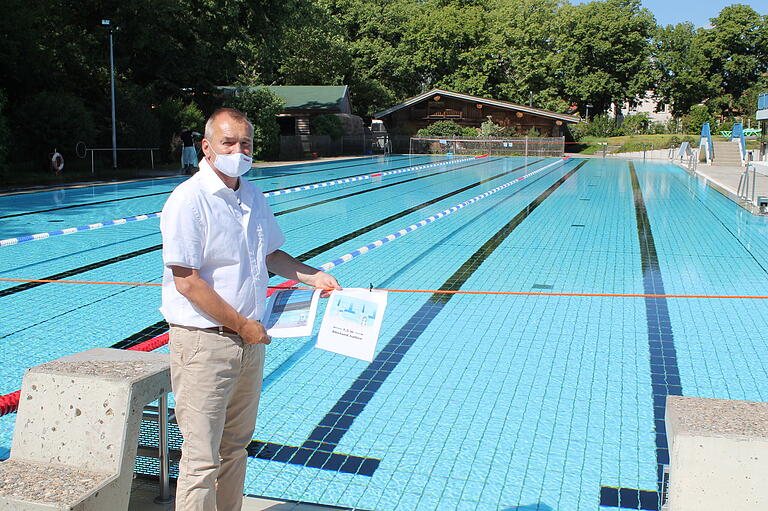 Das 50-Meter-Becken ist mit Leinen in drei Schwimmbereiche abgeteilt. In jedem Bereich wird auf der rechten Bahn hochgeschwommen und links wieder zurück. Wolfgang Schulz hat eine entsprechende Beschilderung angebracht.&nbsp;