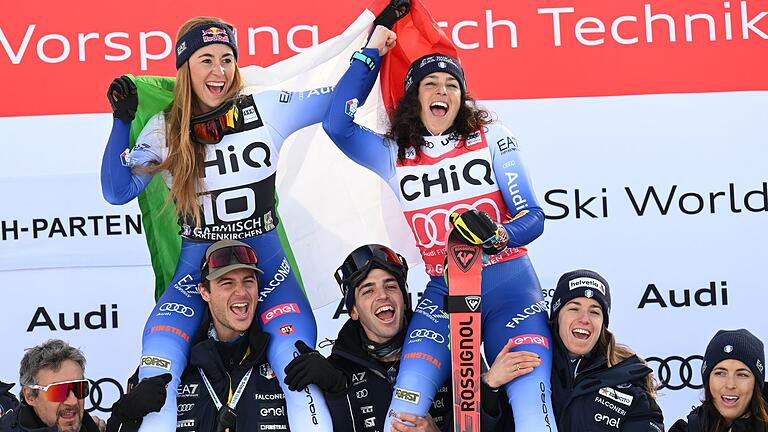 Ski alpin Weltcup       -  Nur eine Hundertstelsekunde trennen Siegerin Federica Brignone (rechts) und Sofia Goggia.