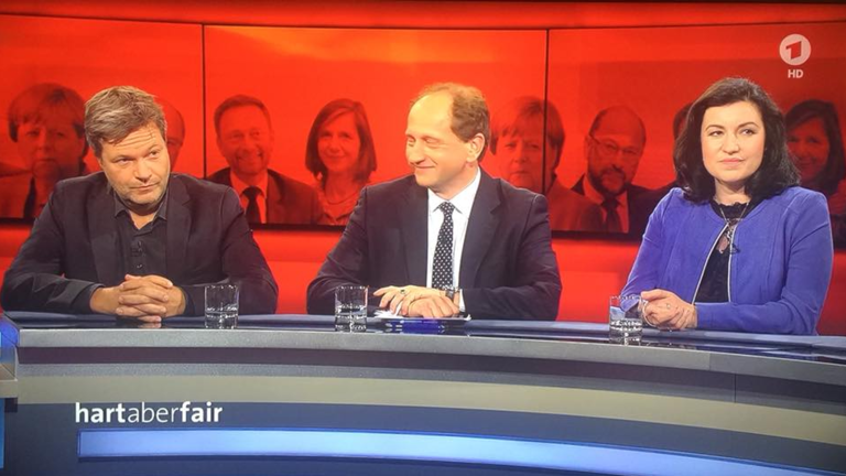 Screenshot 'Hart aber fair' - von links: Robert Habeck, Alexander Graf Lambsdorff, Dorothee Bär