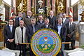 Neun neue Feldgeschworene verpflichtete Landrat Eberhard Nuß am Ende des Festgottesdienstes, (vorne von links): Stefan Menth, Oellingen; Richard Öder, Frickenhausen; Michael Fuchs, Eichelsee; Erwin Michel, Gaukönigshofen; Markus Eiselein, Eichelsee; Werner Wenninger, Obmann Verband Ochsenfurt; (hinten von links):&nbsp; Michael Kämmer, Ochsenfurt; Wolfgang Kinzinger, Eichelsee; Alfred Blank, Frickenhausen; Michael Pfeuffer, Frickenhausen sowie Landrat Eberhard Nuß und Anton Lesch, stellvertretender Vorsitzender Verband Ochsenfurt.