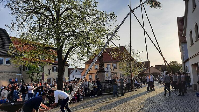 Bei herrlichem Wetter und im Beisein vieler Leute hatten die jungen Männer des 'Neuen Kellers' am Sonntagabend auf dem Großlangheimer Marktplatz den Maibaum aufgestellt. Bei herrlichem Wetter und im Beisein vieler Leute hatten die jungen Männer des 'Neuen Kellers' am Sonntagabend auf dem Großlangheimer Marktplatz den Maibaum aufgestellt.