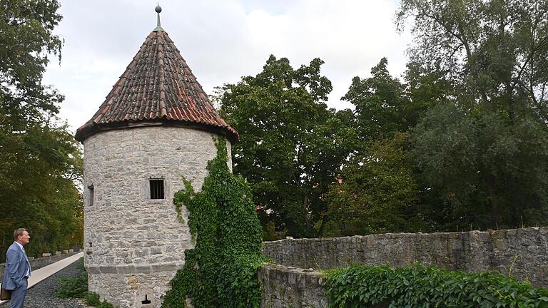 Sieben Meter hoch war die doppelte Stadtmauer einst. Einen Rest davon verdeckt der Efeu an einem der Wehrtürme entlang der neuen Stadtpromenade.