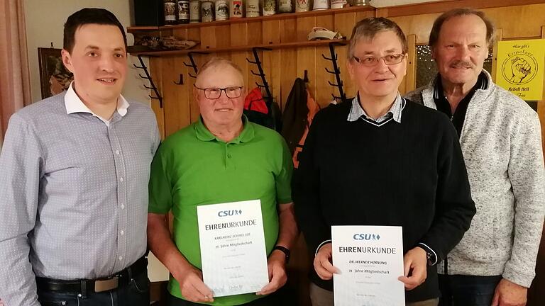 Ehrung beim CSU-Ortsverband Burgpreppach (von links): Manuel Merkle (Ortsvorsitzender), Karlheinz Schineller, Werner Hornung (beide geehrt für 35 Jahre Mitgliedschaft) und Wolfgang Kunzmannn (Senioren-Union).