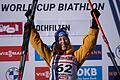 Biathlon Weltcup       -  Franziska Preuß jubelt ganz oben auf dem Podest.
