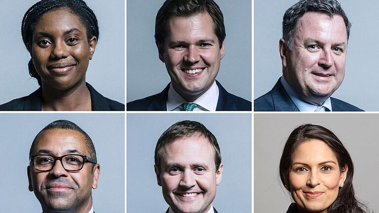 Britische Konservative suchen neue Parteiführung - Sechs Kandidatinnen und Kandidaten haben offiziell Bewerbungen angekündigt: Kemi Badenoch, Robert Jenrick und Mel Stride, Priti Patel, Tom Tugendhat und James Cleverly (im Uhrzeigersinn). Britische Konservative suchen neue Parteiführung - Sechs Kandidatinnen und Kandidaten haben offiziell Bewerbungen angekündigt: Kemi Badenoch, Robert Jenrick und Mel Stride, Priti Patel, Tom Tugendhat und James Cleverly (im Uhrzeigersinn).