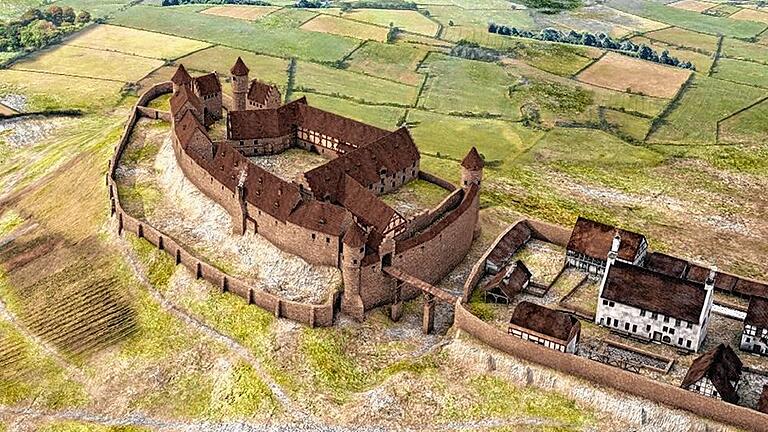 So sah die stolze Burg Zabelstein mutmaßlich um die Zeit der Hussiteneinfälle um 1410/30 aus. Rechts ist die Vorburg mit den (fiktiven) Wirtschaftsgebäuden zu erkennen, über eine Brücke gelangte man von dort in die Hauptburg. Die mächtige Schildmauer mit ihren beiden Rundtürmen und dem kleinen Torhaus (am Eingangsbereich zur Hauptburg) sind heute noch recht gut erhalten. Der Zugang hoch zum Zabelstein-Plateau verläuft heutzutage zwischen der vorgelagerten kleineren Mauer und der Hauptburg. Der Aussichtsturm steht heute dort, wo früher der linke hintere Rundturm stand.