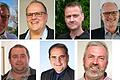 Die Bürgermeister (von links oben) Karlheinz Albert (Neuendorf), Bernd Steigerwald (Neuhütten), Stephan Morgenroth (Neustadt), Stephan Amend (Partenstein), Christian Lang (Rechtenbach), Günter Koser (Steinfeld) und Karl-Heinz Hofmann (Wiesthal).