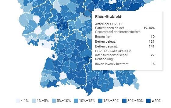 Im DIVI-Intensivregister ist eine Karte aller Landkreise zu finden (hier Stand: 16. April), die Auskunft über die jeweilige Intensivbetten-Situation gibt.