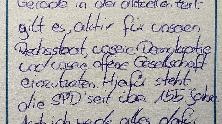 Das politische Ziel von René van Eckert, SPD-Direktkandidat für den Landtag aus Mellrichstadt, auf einem Bierdeckel: &bdquo;Gerade in der aktuellen Zeit gilt es, aktiv für unseren Rechtsstaat, unsere Demokratie und unsere offene Gesellschaft einzutreten. Hierfür steht die SPD seit über 155 Jahren. Auch ich werde alles dafür tun!&ldquo;