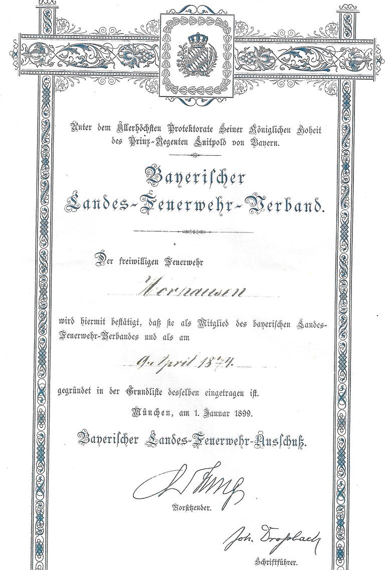 Urkunde des Bayerischen Landes-Feuerwehr-Verbandes aus dem Jahre 1874