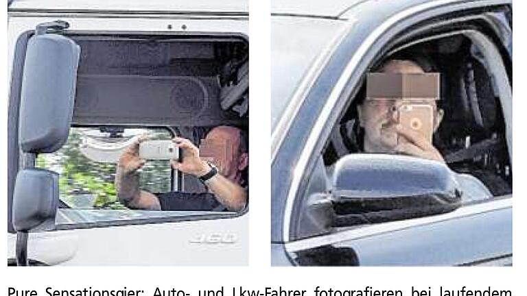 Unfall-Gaffer auf der Autobahn. Main-Post vom 31.7.17       -  Diese fotografierenden Unfall-Gaffer auf der Autobahn durften nur verpixelt, also unkenntlich abgebildet werden. Foto: Berthold Diem