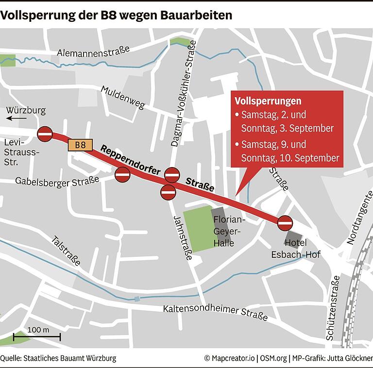 Kaputte Straße, Tempo 30, endloser Testlauf: Deshalb wird die B8 in Kitzingen an zwei Ferienwochenenden gesperrt