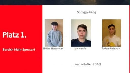 Das Siegerteam, die Shniggy-Gang, im Raum Main-Spessart (von links): Teamkapitän Niklas Hausmann mit seinen zwei Teamkollegen Jan Herold und Torben Reinhart bei der digitalen Siegerehrung.