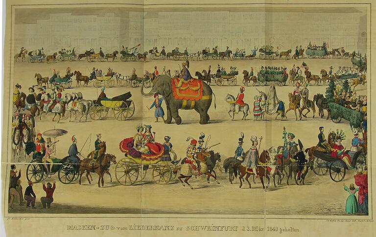 1840 veranstaltete der Liederkranz in Schweinfurt einen Maskenzug, bei dem auch ein Elefant mit dabei war.&nbsp;