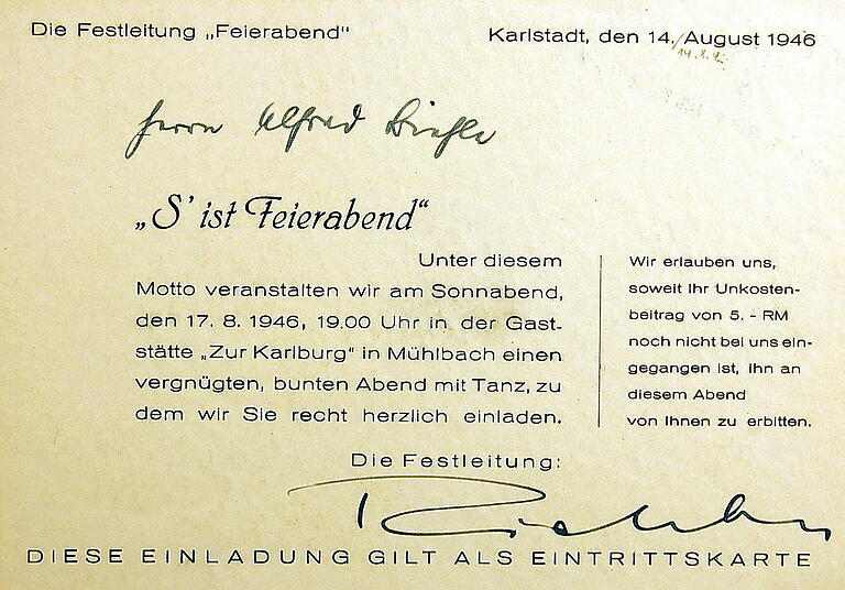 In die Gaststätte 'Zur Karlburg' in Mühlbach wurde im August 1946 zum Tanz eingeladen. In die Gaststätte 'Zur Karlburg' in Mühlbach wurde im August 1946 zum Tanz eingeladen.