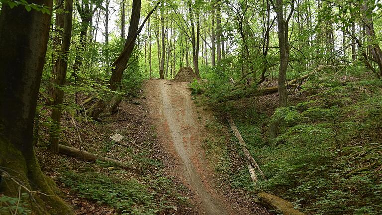 Bei dieser Sprungschanze mitten im Wald geht es gut zehn Meter senkrecht in die Tiefe. Sie liegt an einer illegalen Dirtbike-Strecke.