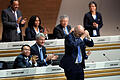 Außerordentlicher FIFA-Kongress       -  Swiss Gianni Infantino (front) bows to the audience after he was elected FIFA president in the second round of voting at the Extraordinary FIFA Congress 2016 at the Hallenstadion in Zurich, Switzerland, 26 February 2016. The Extraordinary FIFA Congress is being held in order to vote on the proposals for amendments to the FIFA Statutes and choose the new FIFA President. Photo: Patrick Seeger/dpa +++(c) dpa - Bildfunk+++