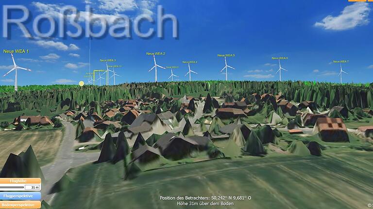 Diese auf Basis des bayerischen Energieatlas’ erstellte Grafik soll den Blick über Roßbach in 31 Metern Höhe zu den geplanten Windrädern zeigen.       -  Diese auf Basis des bayerischen Energieatlas’ erstellte Grafik soll den Blick über Roßbach in 31 Metern Höhe zu den geplanten Windrädern zeigen.