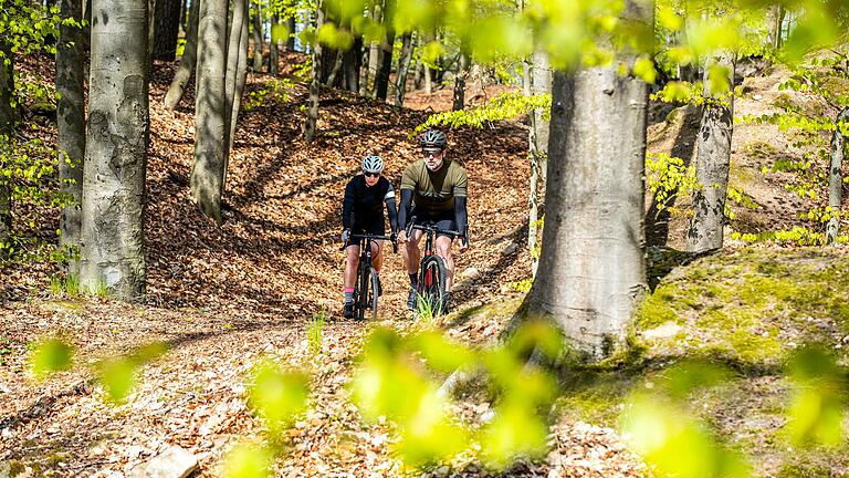 Susanne Volkheimer und Jürgen Bergmann sind in einem Waldstück in den Hassbergen mit einem Gravelbike unterwegs.