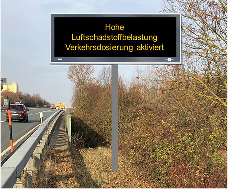 Diese Visualisierung zeigt eine Informationstafel, die auf aktuelle Luftschadstoffbelastungen und Verkehrssituationen hinweisen soll.