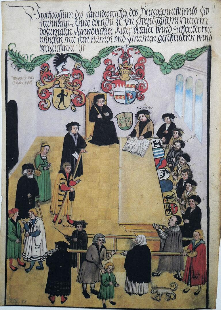 Landgerichtssitzung unter Konrad von Thüngen, 1520 (Staatsarchiv Würzburg). Landgerichtssitzung unter Konrad von Thüngen, 1520 (Staatsarchiv Würzburg).