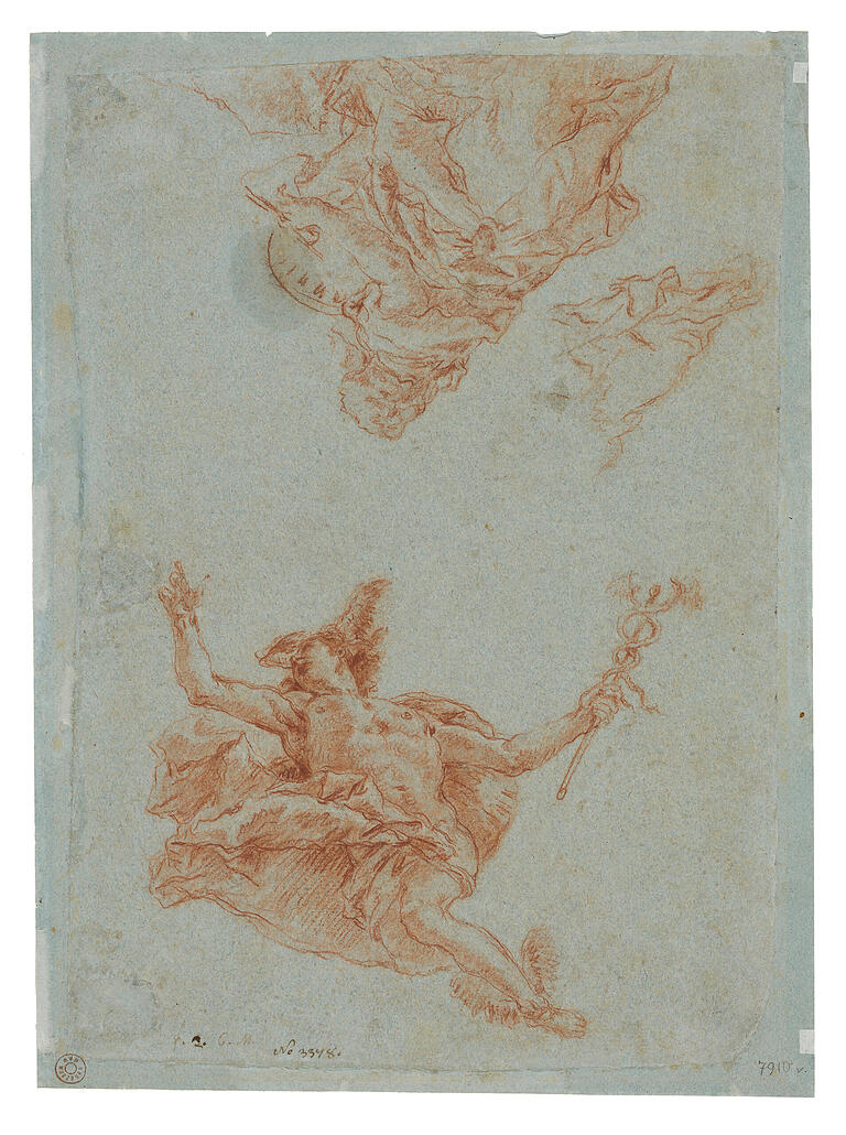 Der Sohn folgt dem Vater: Giandomenico Tiepolo, Personifikation der Malerei im und Merkur über dem Europafries, 1752, Rötel auf grünblauem Papier.&nbsp;