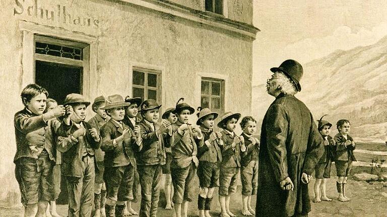 „Oberbayrische Landgarde“, Holzstich, um 1900. Der Lehrer als vormilitärischer Ausbilder (Karikatur). „Oberbayrische Landgarde“, Holzstich, um 1900. Der Lehrer als vormilitärischer Ausbilder (Karikatur).